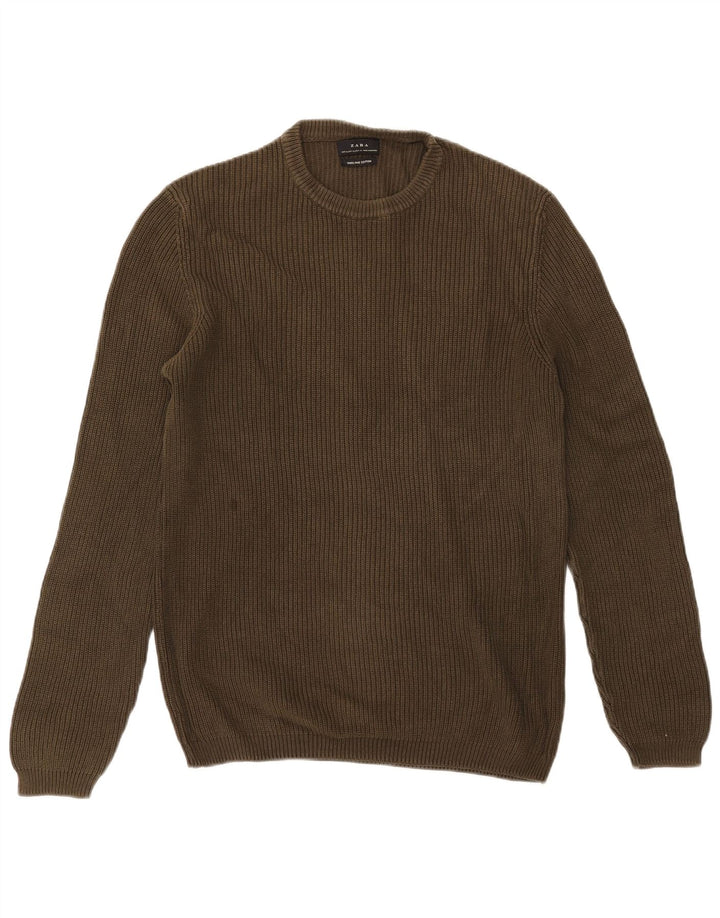 Zara Mens Crew Neck Jumper Sweater XL Khaki Cotton