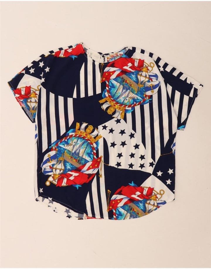 VINTAGE Womens Blouse Top UK 10/12 Medium Navy Blue Colourblock