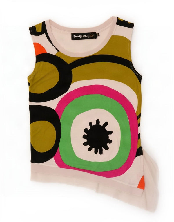 Desigual Womens Asymmetric Vest Top UK 12 Medium White Geometric