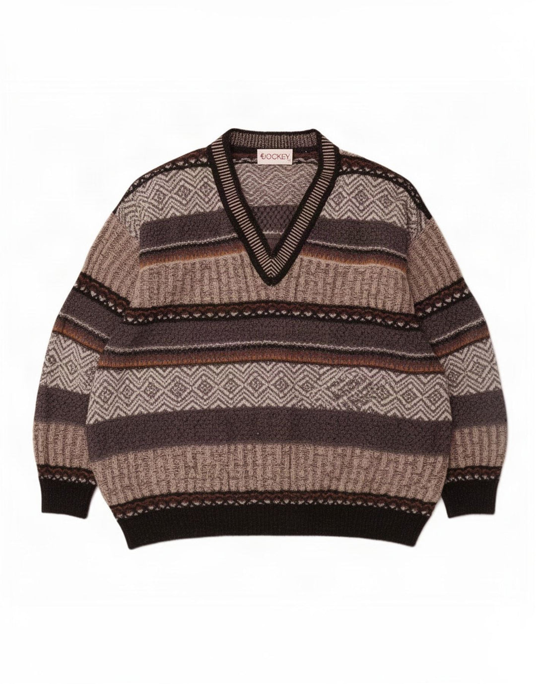 Jockey Mens V-Neck Jumper Sweater Large Grey Striped Wool