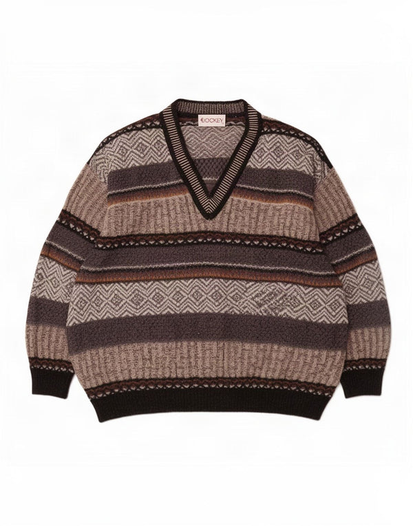 Jockey Mens V-Neck Jumper Sweater Large Grey Striped Wool