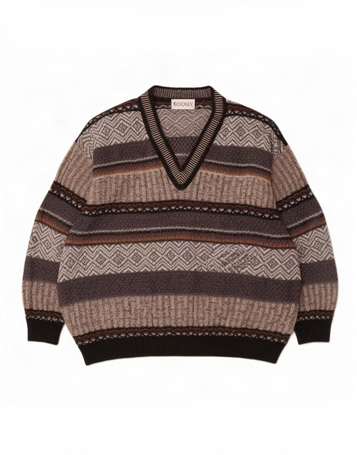Jockey Mens V-Neck Jumper Sweater Large Grey Striped Wool