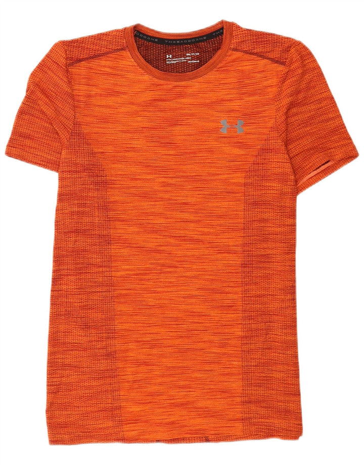 Under Armour Mens Heat Gear T-Shirt Top Small Orange Striped Polyester