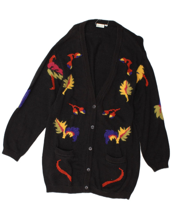 Vintage Womens Longline Cardigan Sweater UK 14 Medium Black Floral Novelty
