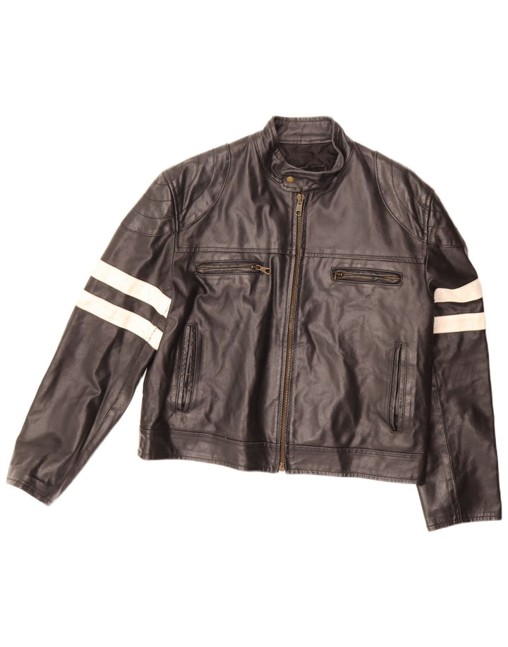 Vintage Womens Leather Jacket UK 20 2XL Black Colourblock Leather