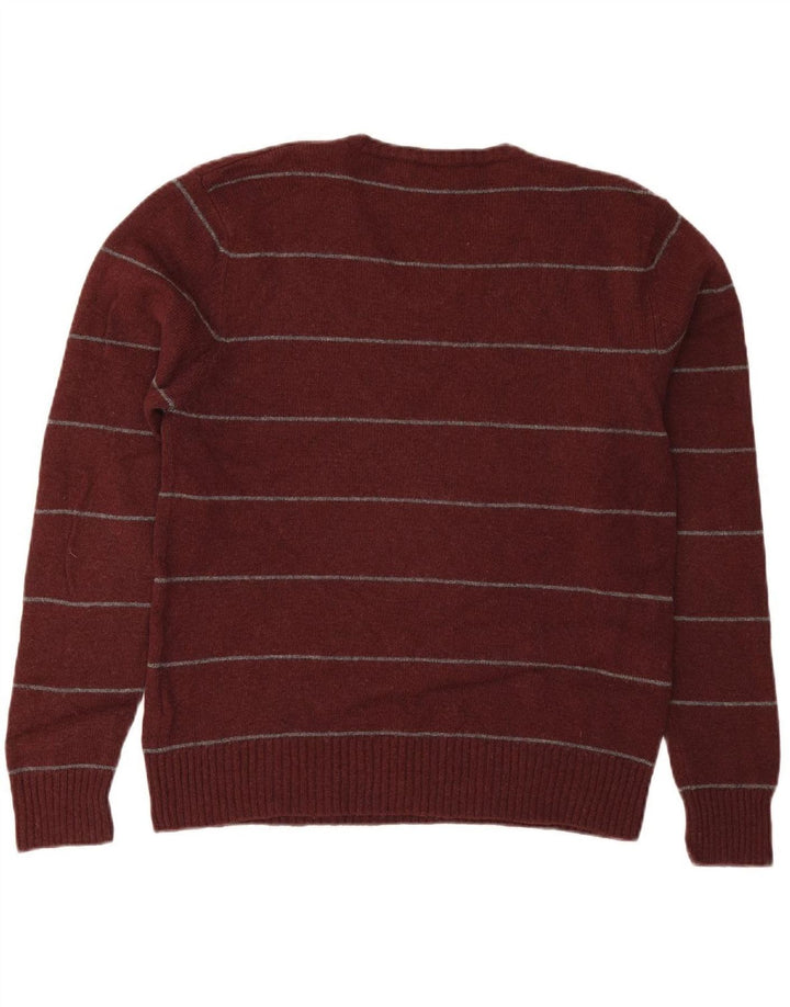 ZARA Mens V-Neck Jumper Sweater Large Burgundy Striped Wool