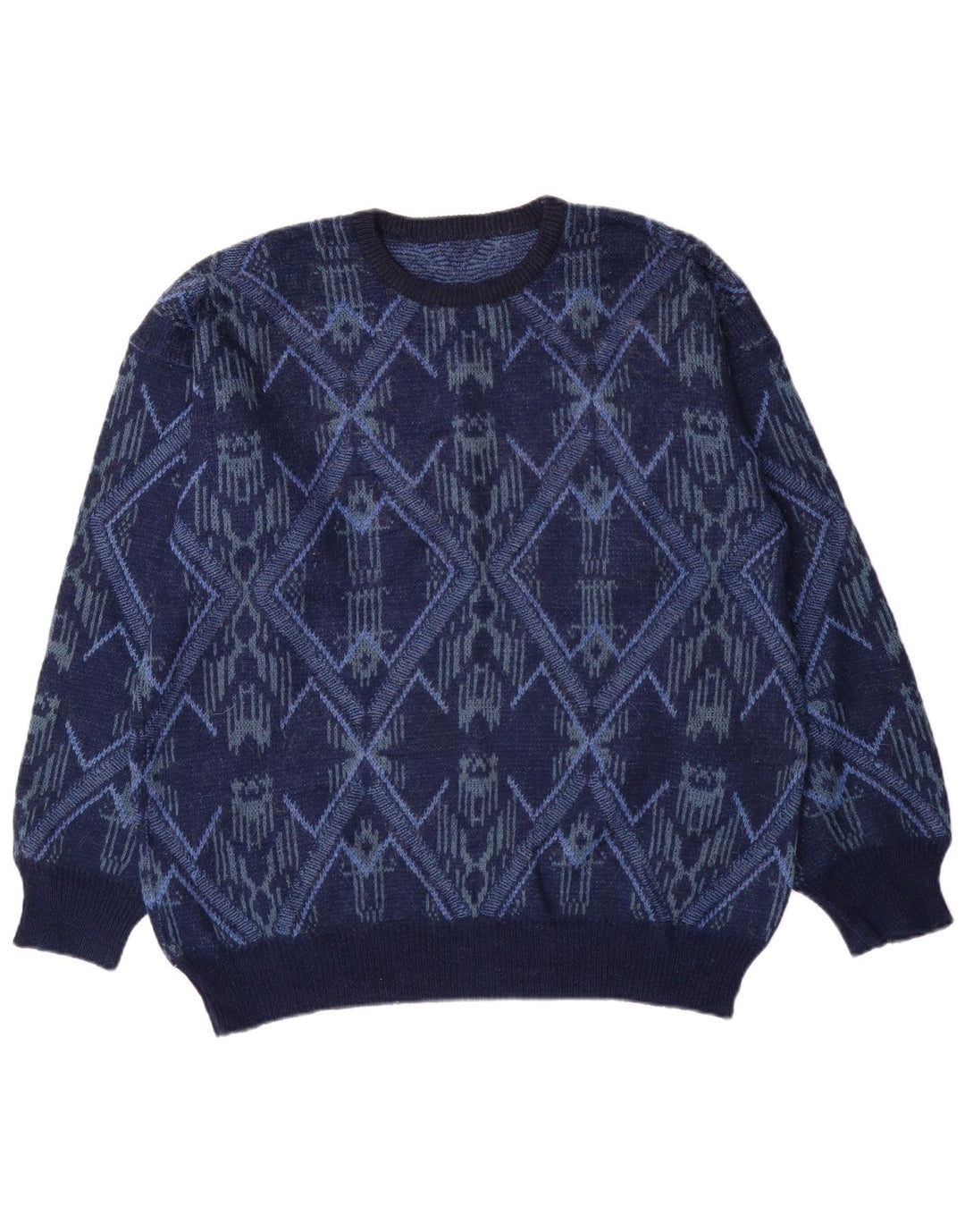 Vintage Mens Crew Neck Jumper Sweater Large Navy Blue Fair Isle