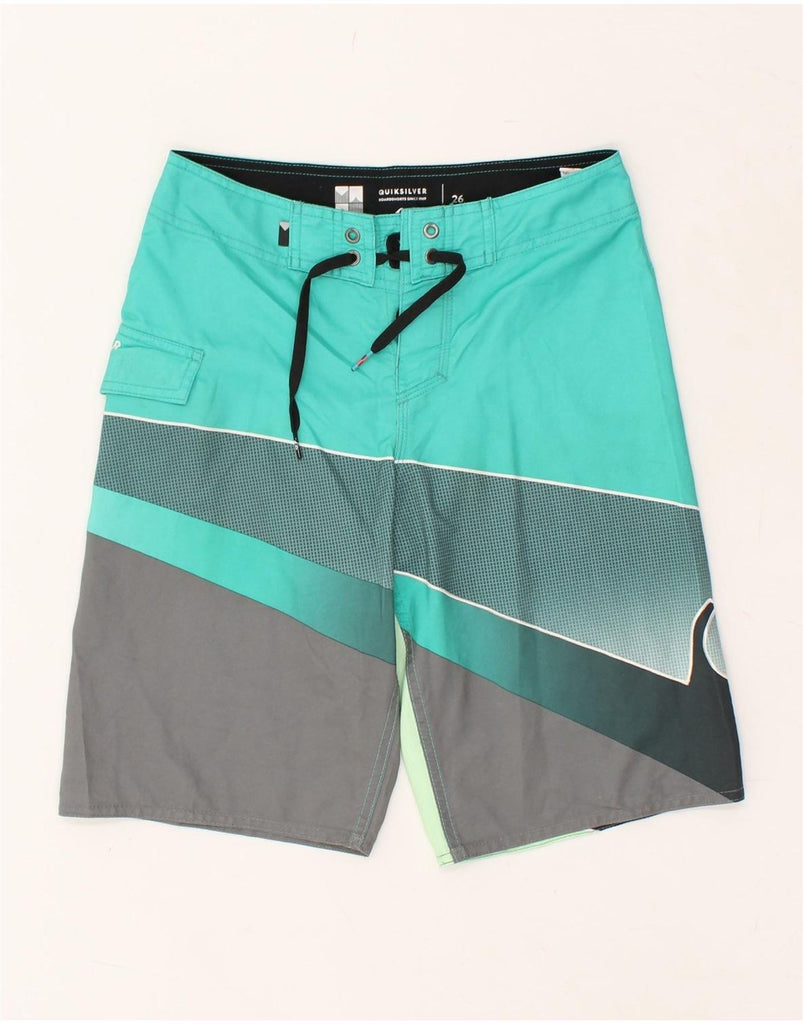 QUIKSILVER Mens Graphic Swimming Shorts W26 XS Turquoise Colourblock | Vintage Quiksilver | Thrift | Second-Hand Quiksilver | Used Clothing | Messina Hembry 