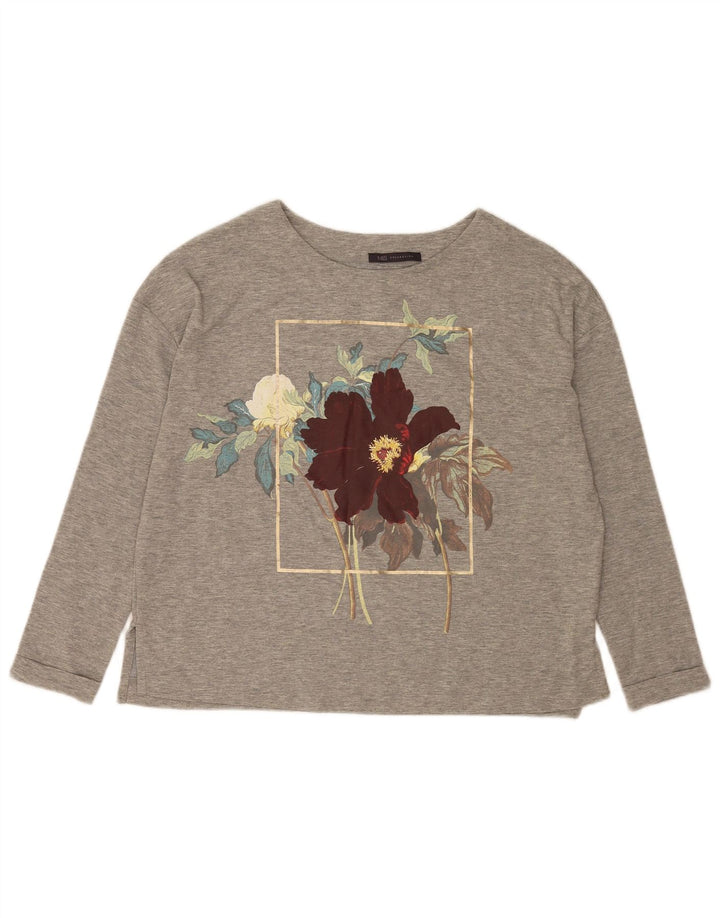 Marks & Spencer Womens Graphic Top Long Sleeve UK 12 Medium Grey Floral
