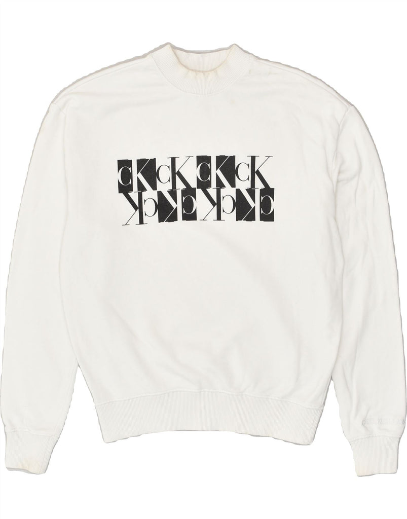 CALVIN KLEIN Womens Loose Fit Graphic Sweatshirt Jumper UK 6 XS White | Vintage Calvin Klein | Thrift | Second-Hand Calvin Klein | Used Clothing | Messina Hembry 