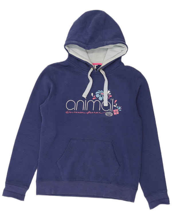 Animal Womens Graphic Hoodie Jumper UK 14 Large Blue Cotton