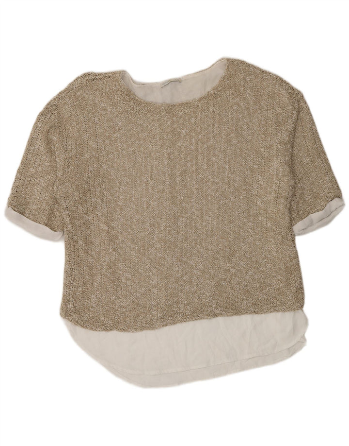 Zara Womens Oversized Crochet Blouse Top UK 14 Medium Beige Colourblock