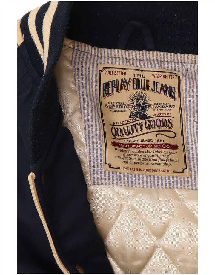 REPLAY Mens Graphic Varsity Jacket UK 38 Medium Navy Blue Colourblock
