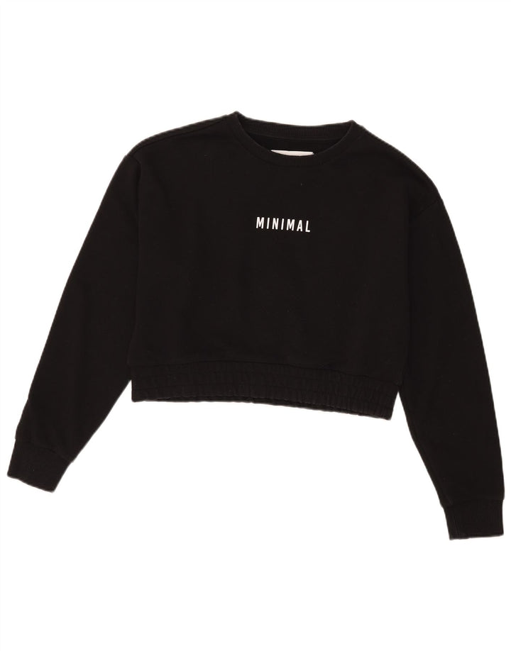 Minimal Womens Crop Graphic Sweatshirt Jumper UK 10 Small Black Cotton