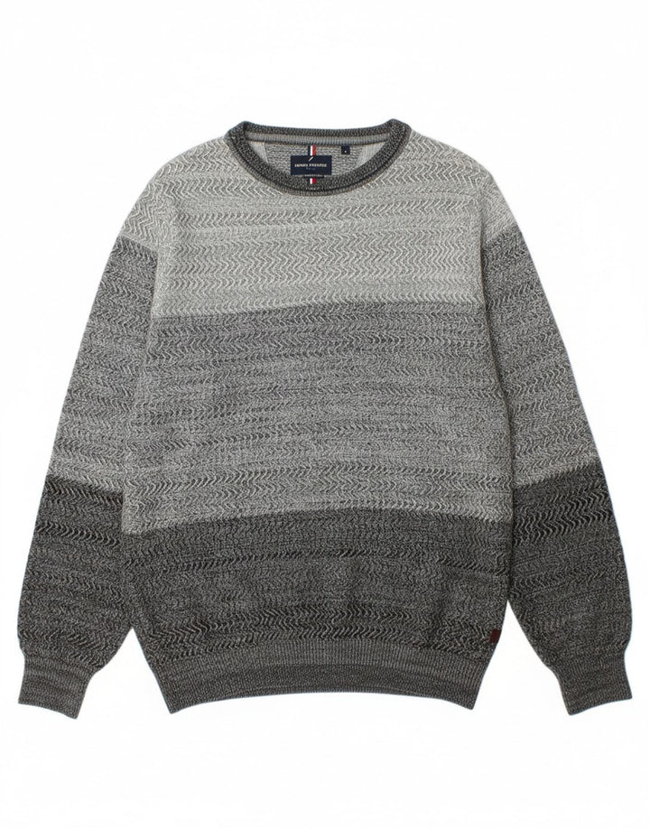 DANIEL HECHTER Mens Crew Neck Jumper Sweater Large Grey Chevron Cotton