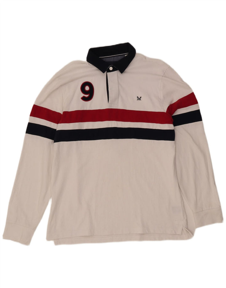 CREW CLOTHING Mens Graphic Rugby Polo Shirt Large White Colourblock