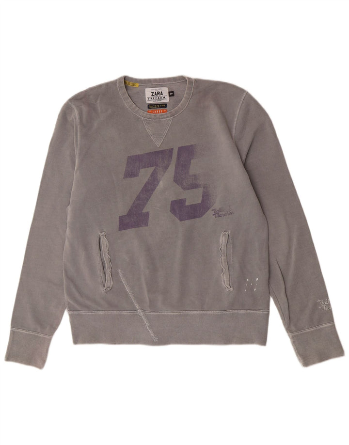 Zara Mens Graphic Sweatshirt Jumper Large Grey Cotton