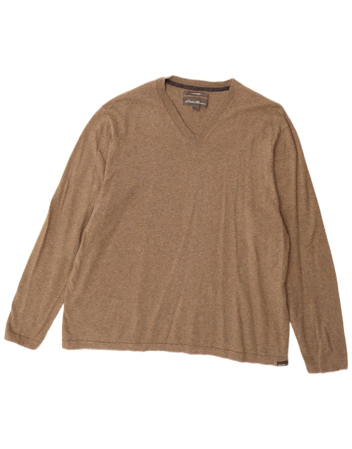 Eddie Bauer Mens V-Neck Jumper Sweater XL Brown Cotton