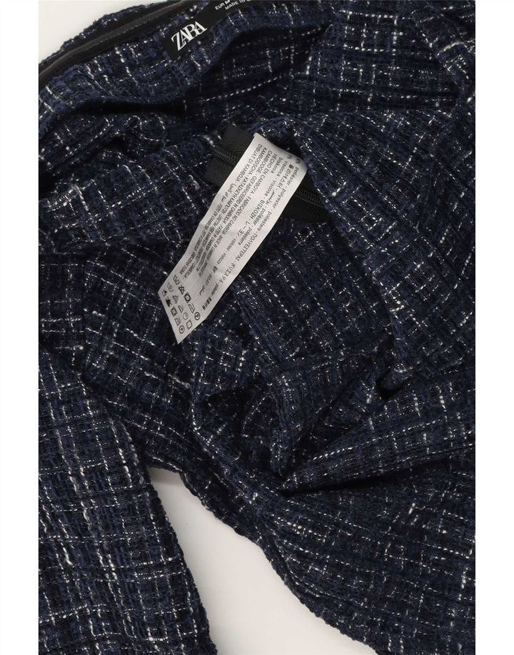 Zara Womens Off Shoulder Top UK 12 Medium Navy Blue Plaid Polyester