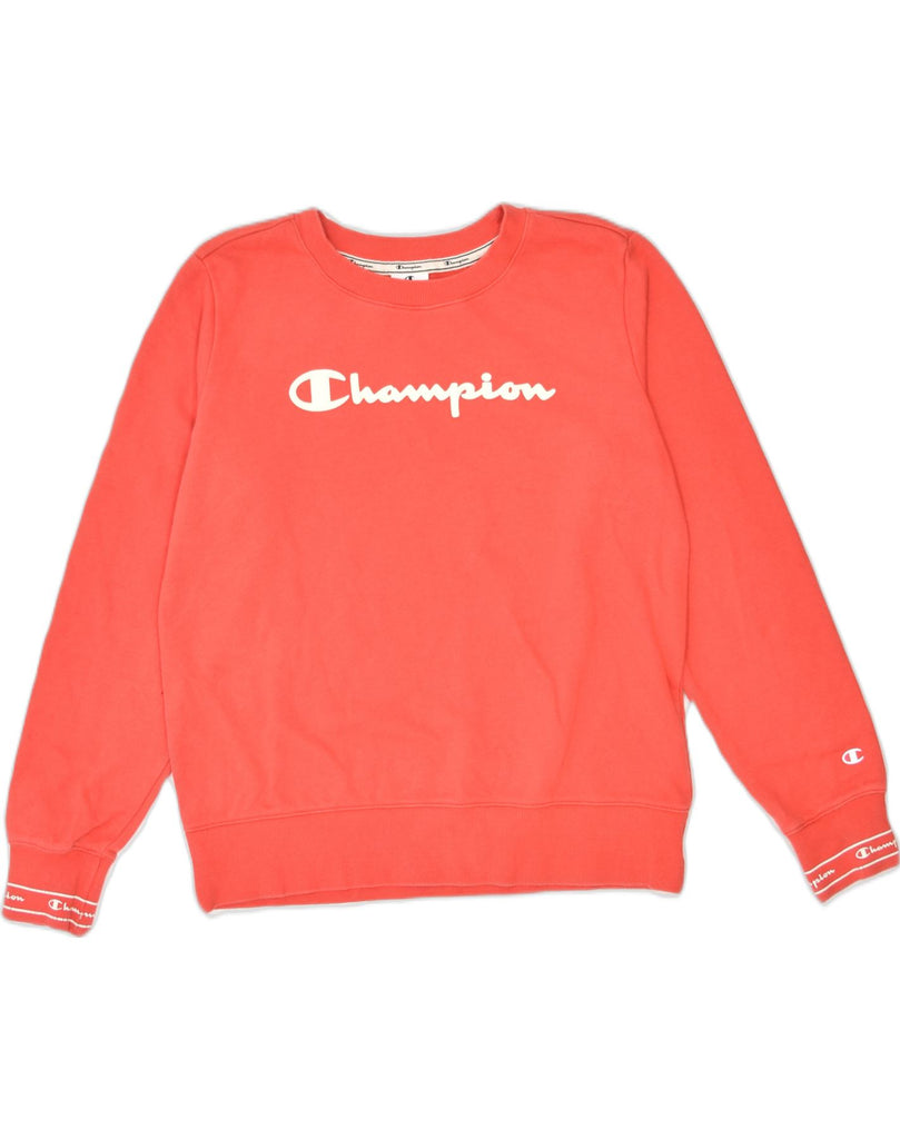 CHAMPION Womens Graphic Sweatshirt Jumper UK 16 Large Orange Cotton | Vintage Champion | Thrift | Second-Hand Champion | Used Clothing | Messina Hembry 