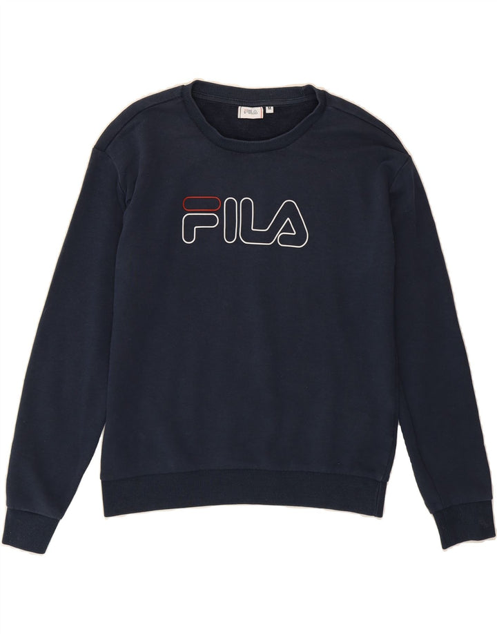 FILA Womens Graphic Sweatshirt Jumper UK 14 Medium Navy Blue Cotton Vintage Fila and Second-Hand Fila from Messina Hembry 