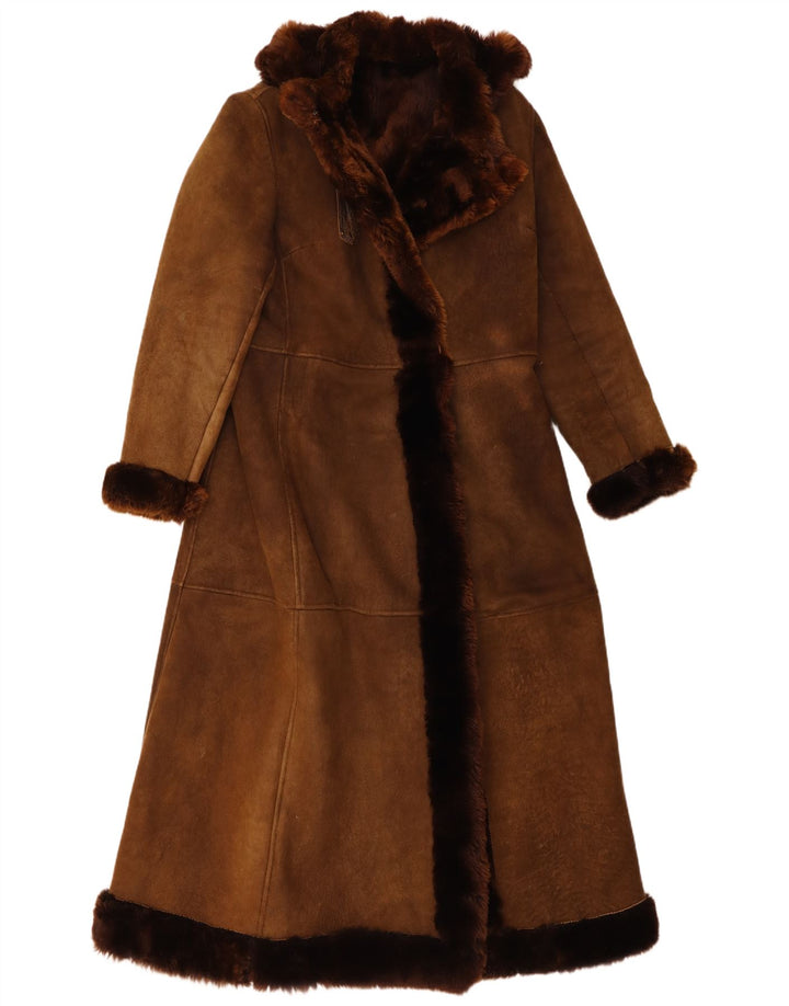 Vintage Womens Hooded Shearling Coat UK 8 Small Brown
