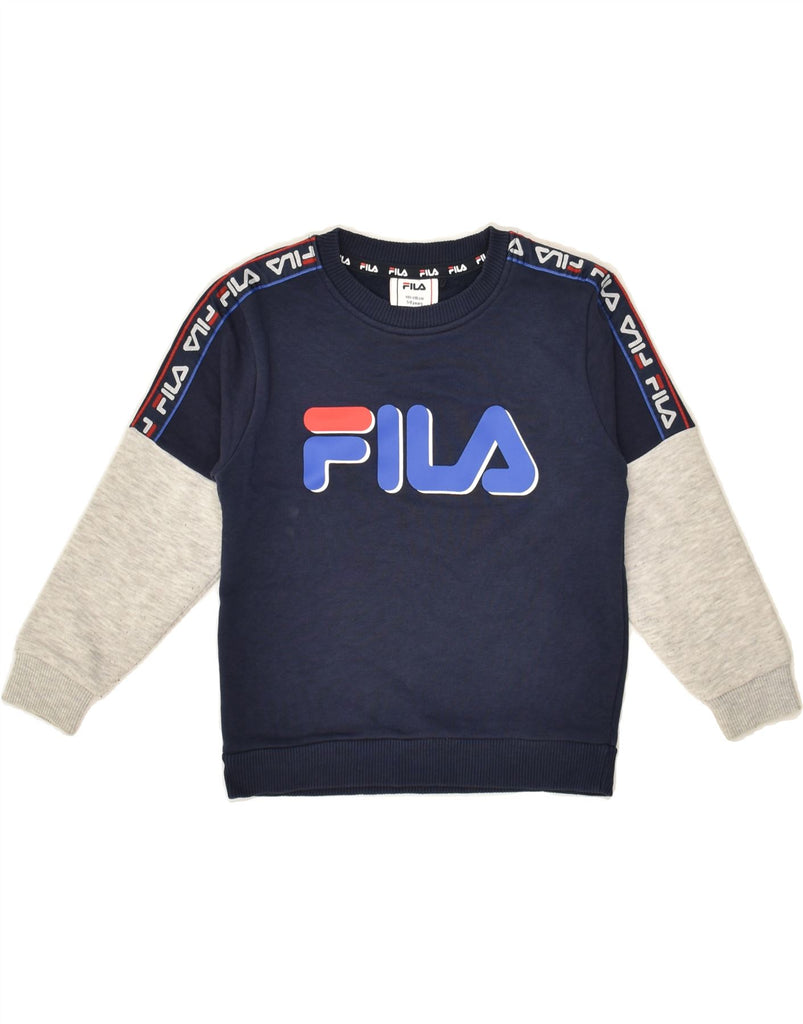 FILA Boys Graphic Sweatshirt Jumper 5-6 Years Navy Blue Colourblock Cotton | Vintage Fila | Thrift | Second-Hand Fila | Used Clothing | Messina Hembry 