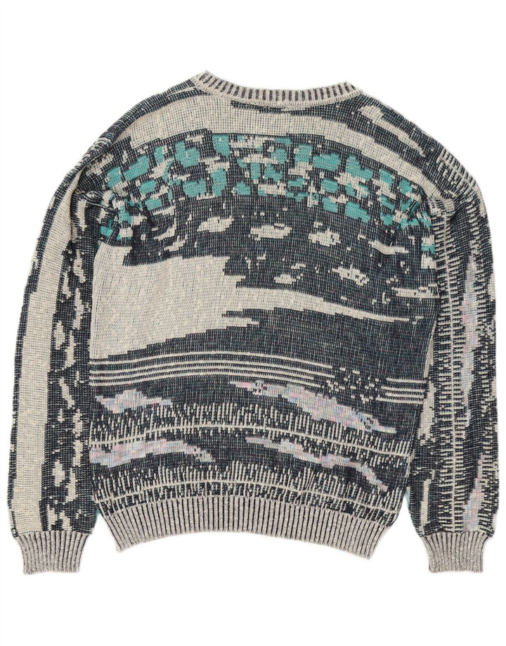 Vintage Mens Abstract Pattern Crew Neck Jumper Sweater Medium Blue