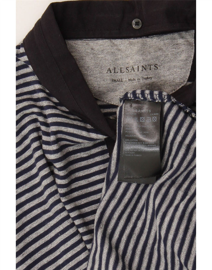 ALL SAINTS Mens Polo Shirt Small Navy Blue Striped Cotton