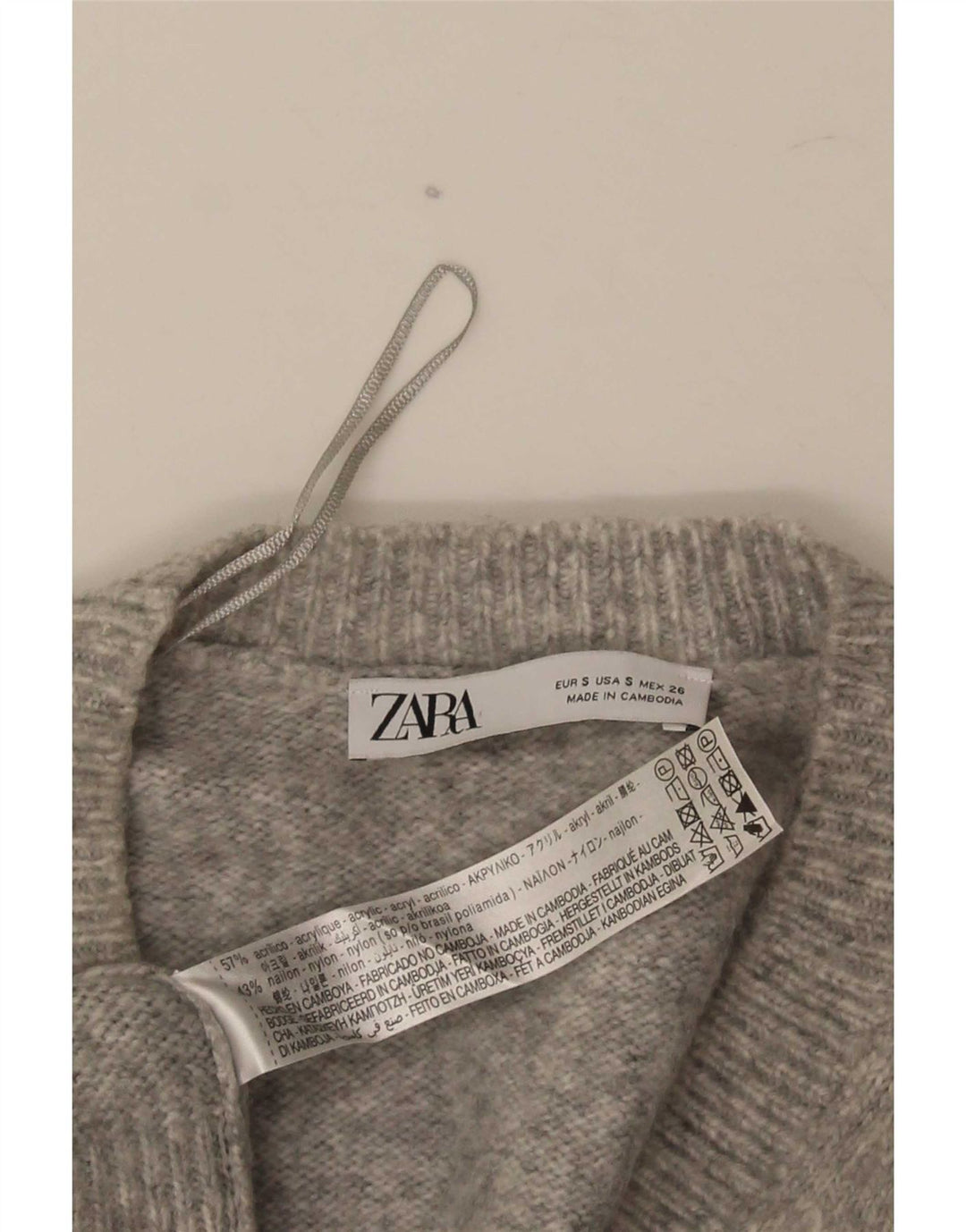 Zara Mens V-Neck Jumper Sweater Small Grey Acrylic