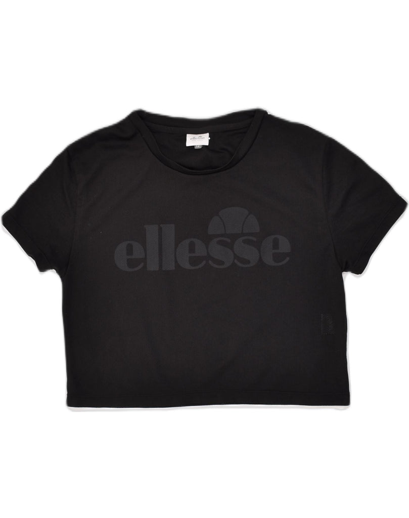 ELLESSE Womens Graphic Crop Top UK 12 Medium  Black Polyester | Vintage Ellesse | Thrift | Second-Hand Ellesse | Used Clothing | Messina Hembry 