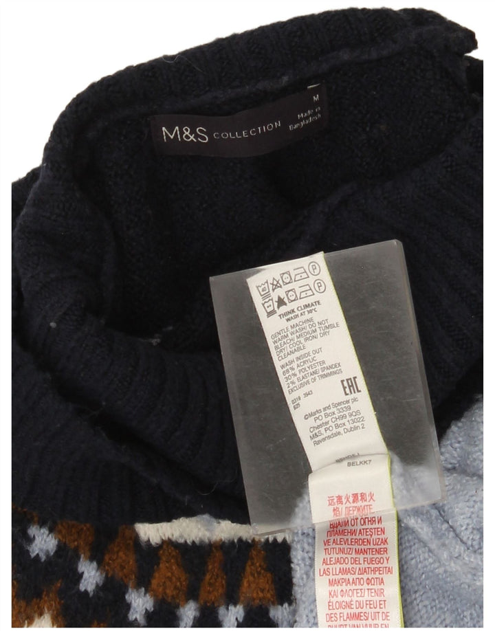 Marks & Spencer Womens Roll Neck Jumper Sweater UK 14 Medium Blue Fair Isle