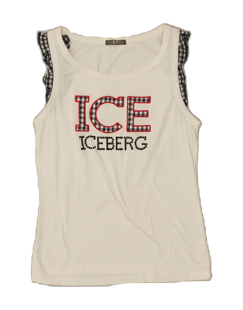 ICEBERG Womens Graphic Vest Top IT 44 Medium White | Vintage Iceberg | Thrift | Second-Hand Iceberg | Used Clothing | Messina Hembry 
