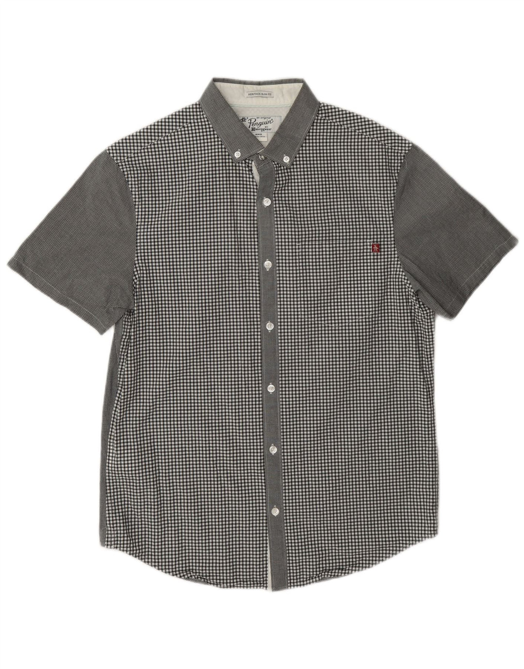 Penguin Mens Heritage Short Sleeve Shirt Medium Grey Gingham Cotton