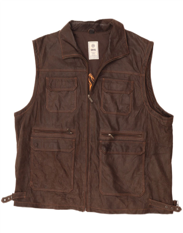 Vintage Mens Modern Fit Leather Gilet One Size Brown Leather
