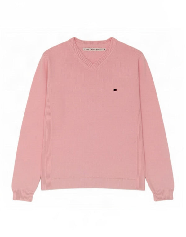Tommy Hilfiger Womens V-Neck Jumper Sweater UK 12 Medium Pink Cotton
