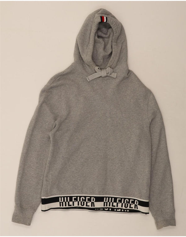 TOMMY HILFIGER Mens Graphic Hoodie Jumper Medium Grey Colourblock Cotton