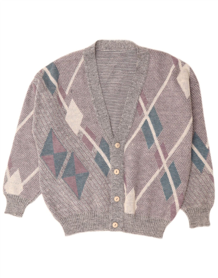 Vintage Mens Cardigan Sweater Large Grey Argyle/Diamond