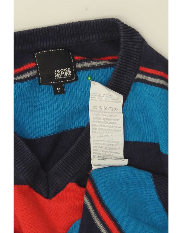 Jack & Jones Mens V-Neck Jumper Sweater Small Multicoloured Striped Cotton