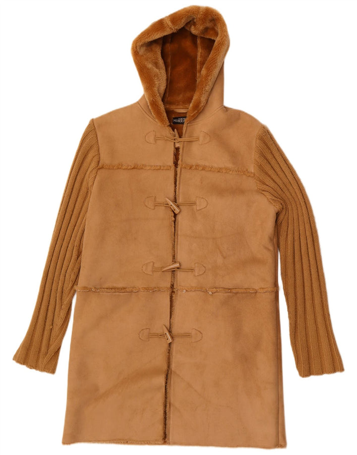 Vintage Womens Hooded Sherpa Duffle Coat UK 14 Medium Brown Polyester