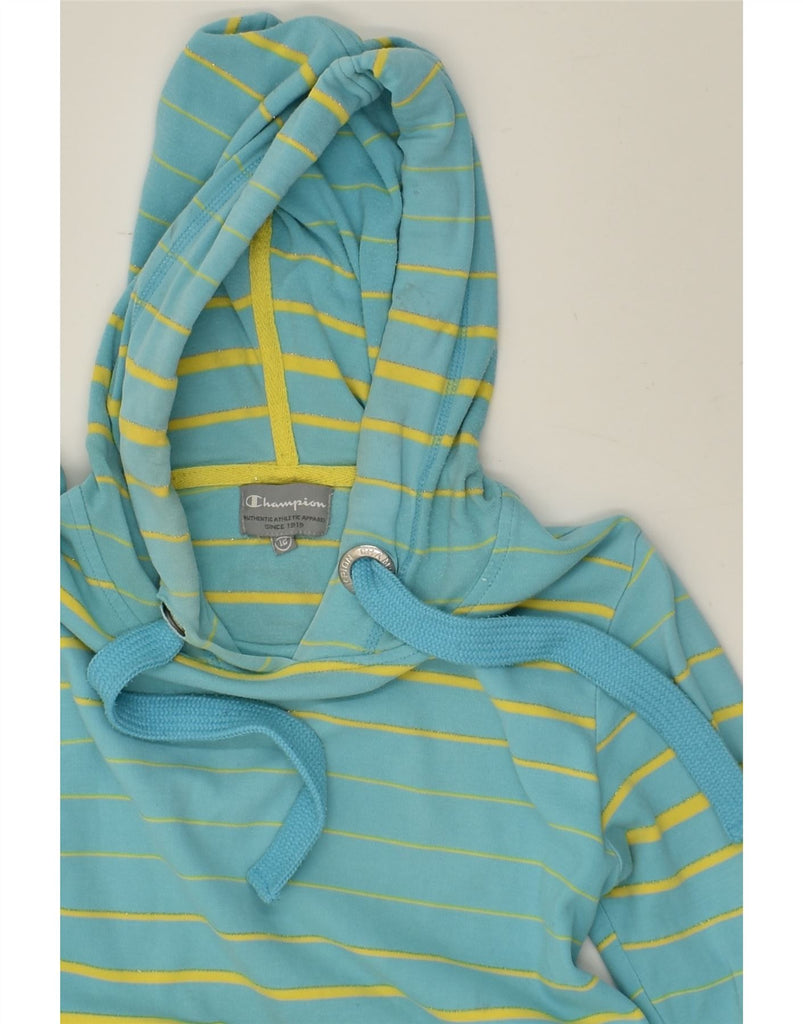 CHAMPION Womens Hoodie Jumper UK 12 Medium Turquoise Striped Cotton | Vintage Champion | Thrift | Second-Hand Champion | Used Clothing | Messina Hembry 