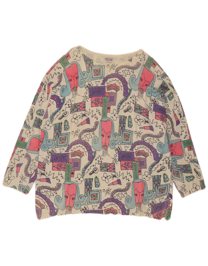 Benetton Womens Oversized Graphic Top Long Sleeve UK 14 Medium Off White
