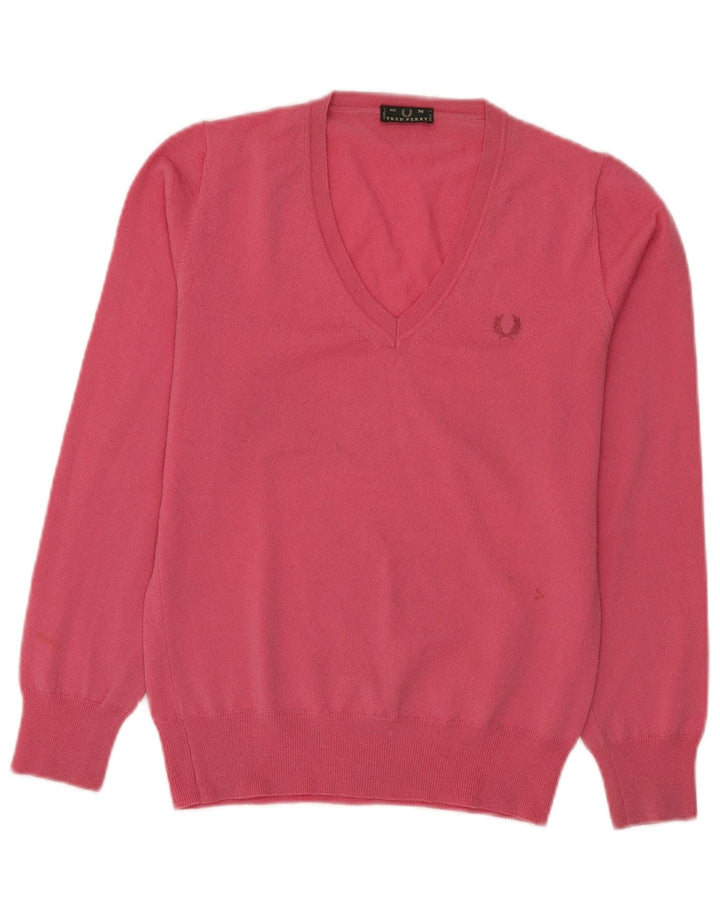 Fred Perry Womens V-Neck Jumper Sweater UK 12 Medium Pink