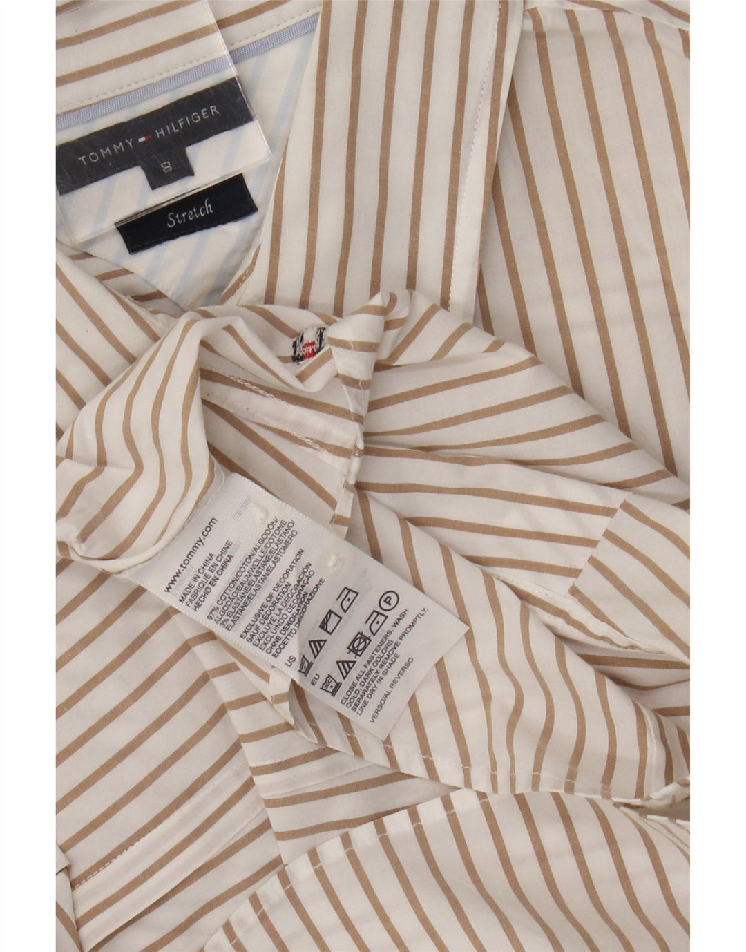 Tommy Hilfiger Womens Stretch Shirt US 8 Medium Beige Striped Cotton