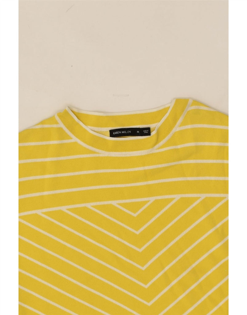 KAREN MILLEN Womens Crew Neck Jumper Sweater UK 14 Medium Yellow Striped | Vintage Karen Millen | Thrift | Second-Hand Karen Millen | Used Clothing | Messina Hembry 