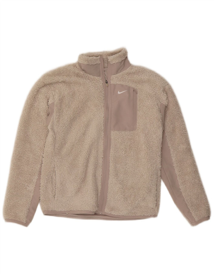 NIKE Womens Oversized Fleece Jacket UK 6 XS Beige Colourblock Polyester