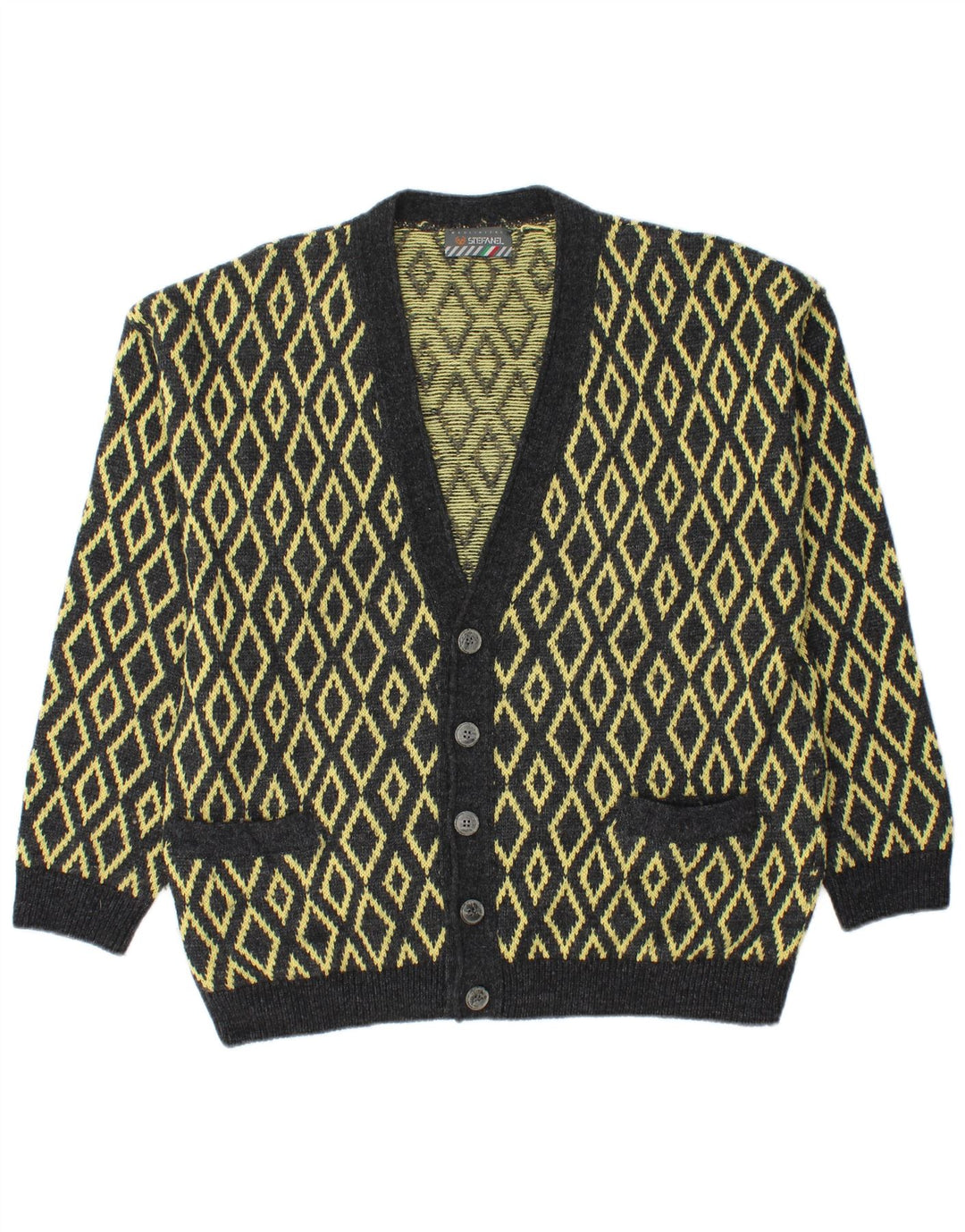 Stefanel Mens Cardigan Sweater Large Yellow Argyle/Diamond Wool