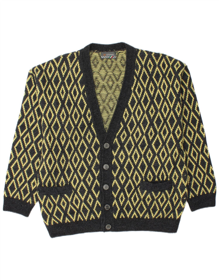 Stefanel Mens Cardigan Sweater Large Yellow Argyle/Diamond Wool