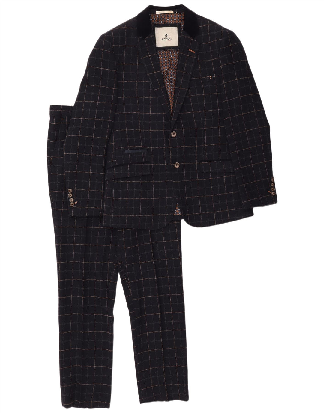 Cavani Mens 2 Button 2 Piece Suit UK 40 Large W38 L32 Navy Blue Check