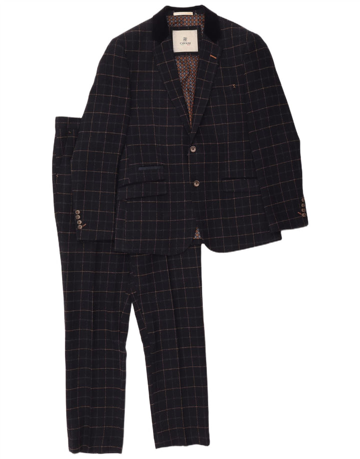 Cavani Mens 2 Button 2 Piece Suit UK 40 Large W38 L32 Navy Blue Check